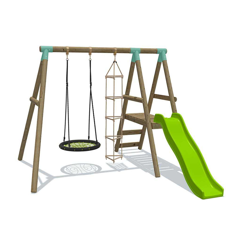 wooden swing and slide set with a 60cm nest netted swing and a triangle climbing ladder . this set comes with a walk on platform and ladders