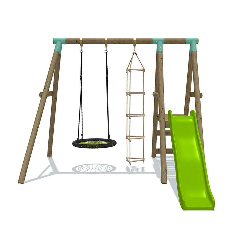 wooden swing set with a 6 foot slide , nest swing and triangle climbing ladder 