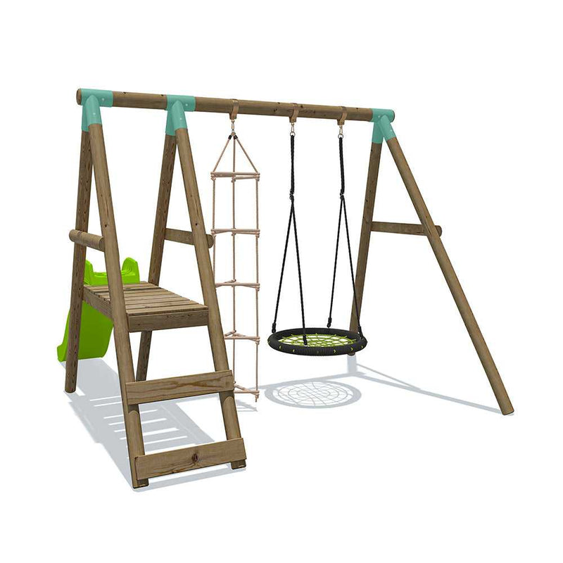 wooden swing and slide with a climbing rope ladder and nest swing 