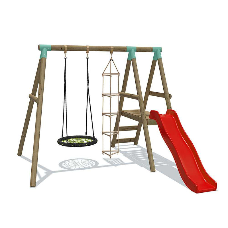 red 6 foot slide with swing ladder and netted nest swing 
