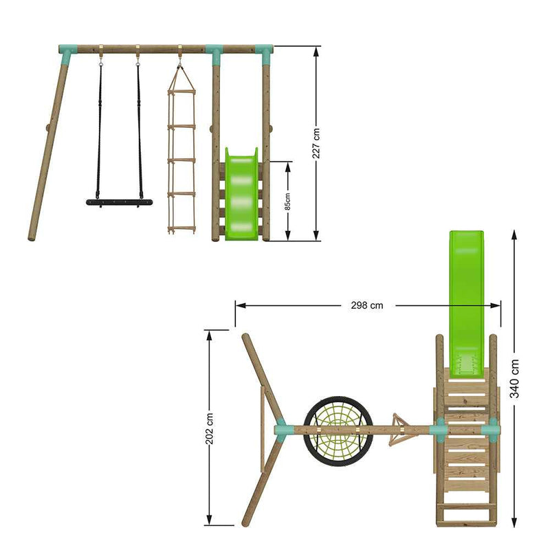 wooden swing and slide set with a 60cm netted nest swing and triangle wooden climbing ladder. this wooden garden swing set also has a wooden platform