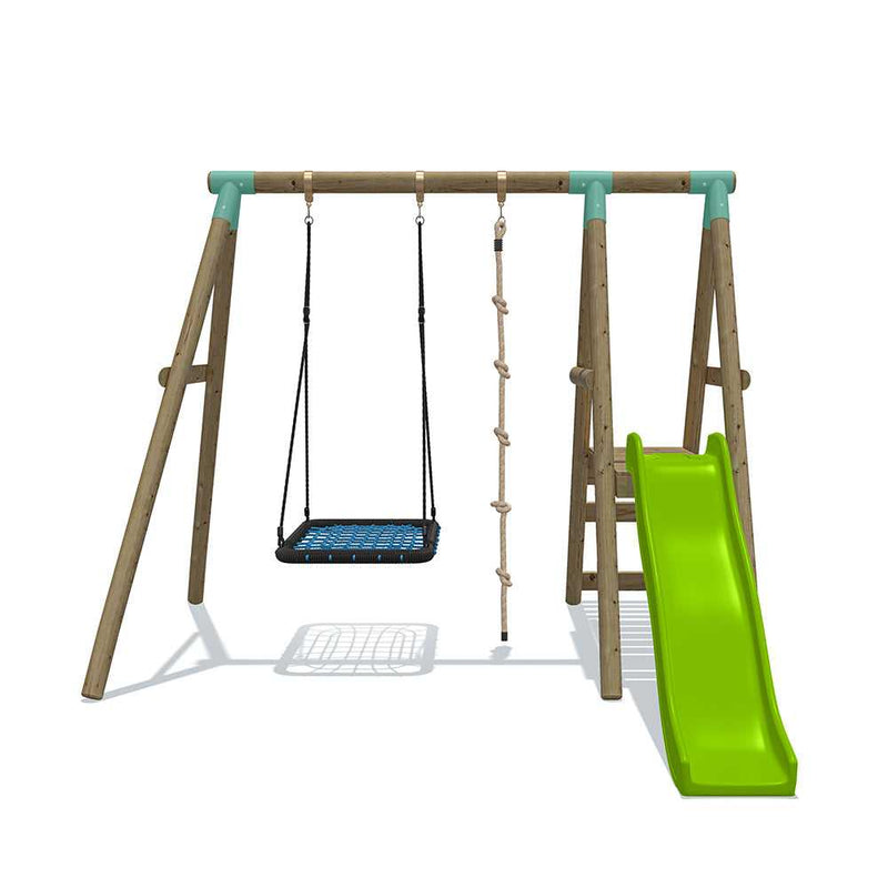 wooden garden swing set with raised platform and a 6 ft slide, set also comes with a rectangle nest swing and a knotted climbing rope