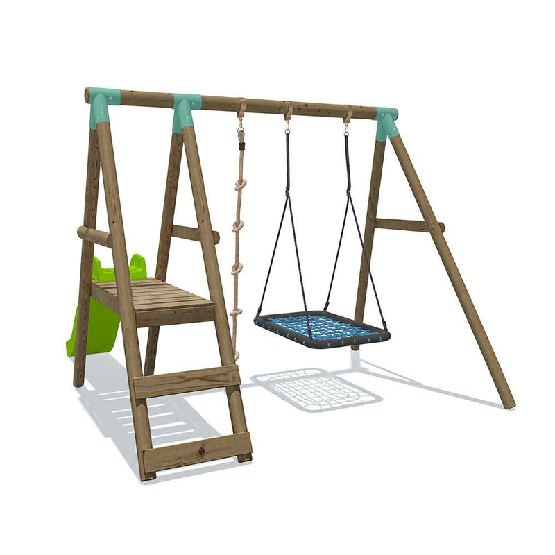 wooden climbing frame with knotetd rope , 6 foot slide and swing net. made of a solid wooden construction