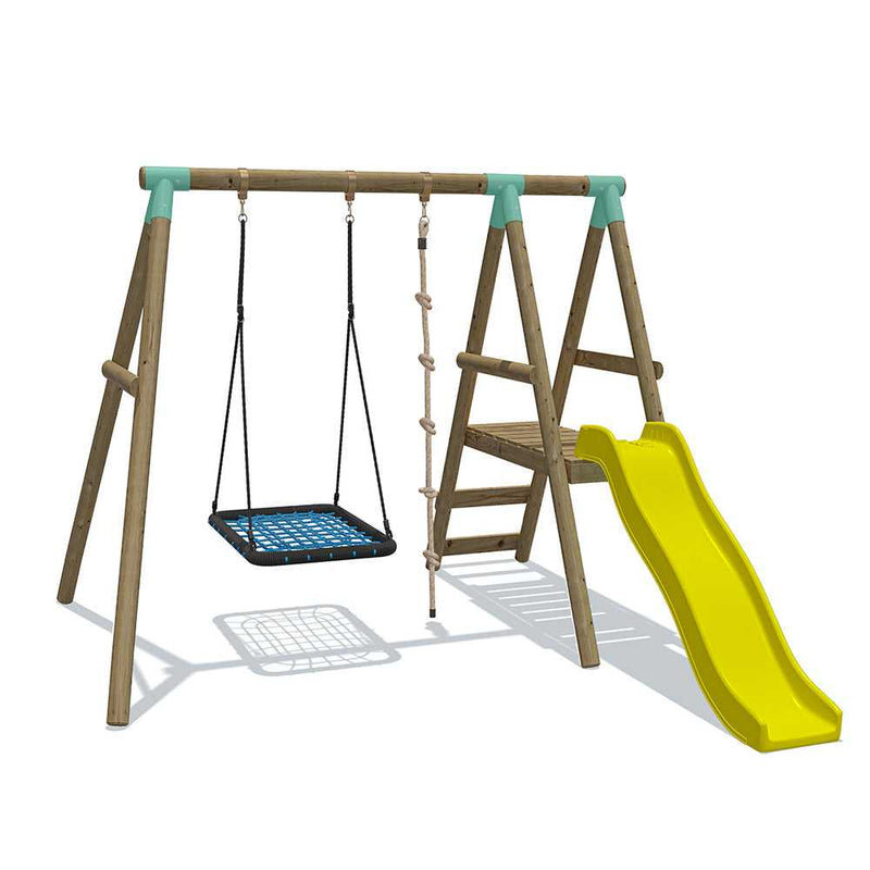 wooden swing playset with ectangle nest swing and knotted climbing rope. In addition to this  it also comes with a raised wooden platform and a curved 6ft slide .
