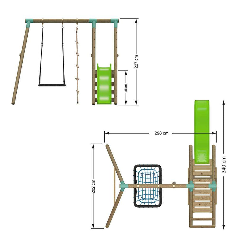 childrens garden swing set with large rectangle netted swing and a knotted climbing rope. this wooden swing set also has a 6 foot slide and a raised walking wooden platform