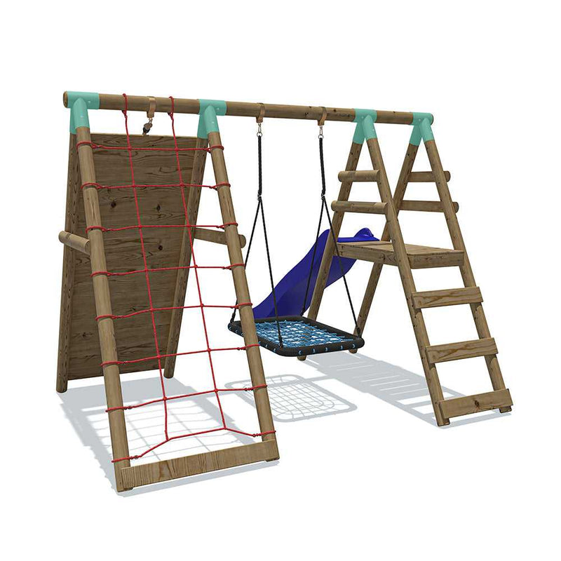 Go Wild Wooden Rectangle Nest Swing Set With Climbing Wall & 8ft Slide - Titan Toys 