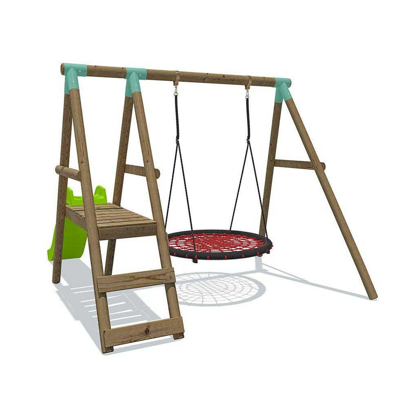 kids swing and slide combination with a large red net swing . this set has free national delivery and free ground anchors