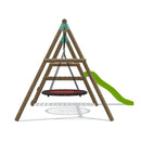 wooden swing set with 6 foot slide and wooden platform . this set has a 120cm nest swing 