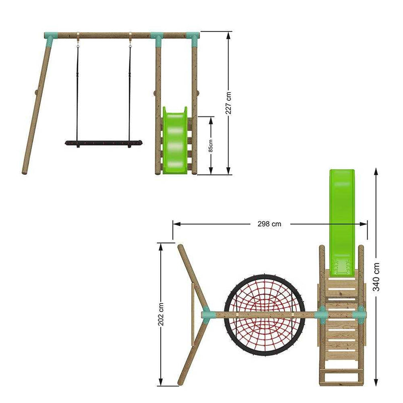 swing set with 6ft slide and 120cm nest swing . swing set also has a wooden platform. 