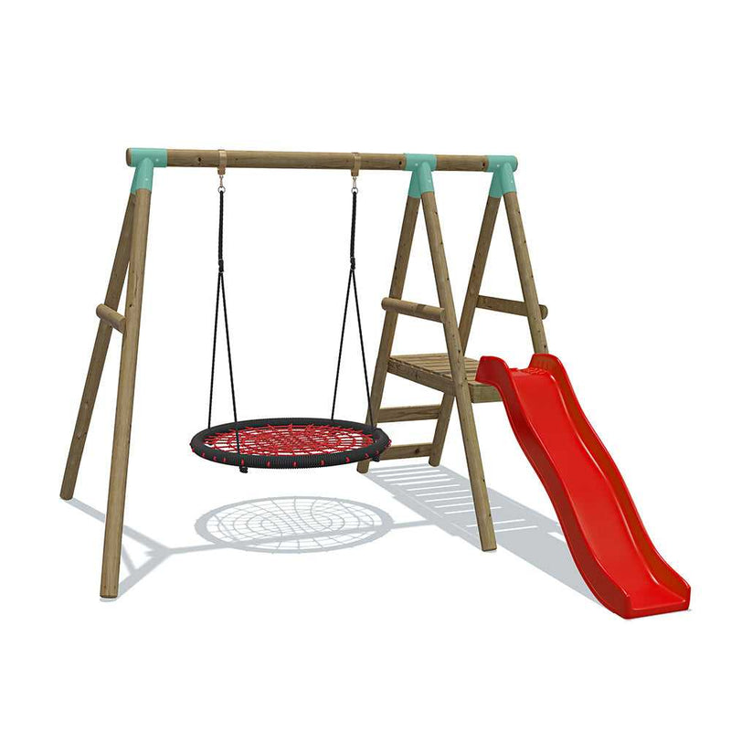 wooden swing set with nest swing and 6 foot red slide. we deliver our swing sets to glasgow, sheffield, manchester, london and birmingham