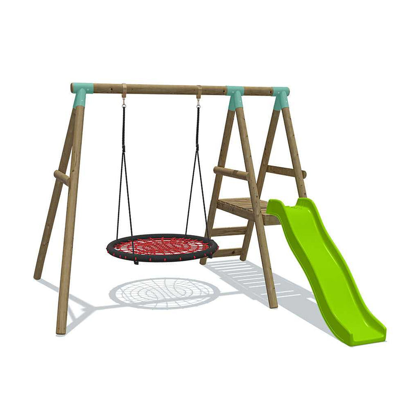 wooden swing and slide set with a large red 120cm nest swing . set comes with ground anchors , rear stepladders with a wooden platform. the 6 foot slide comes in either red, green or yellow