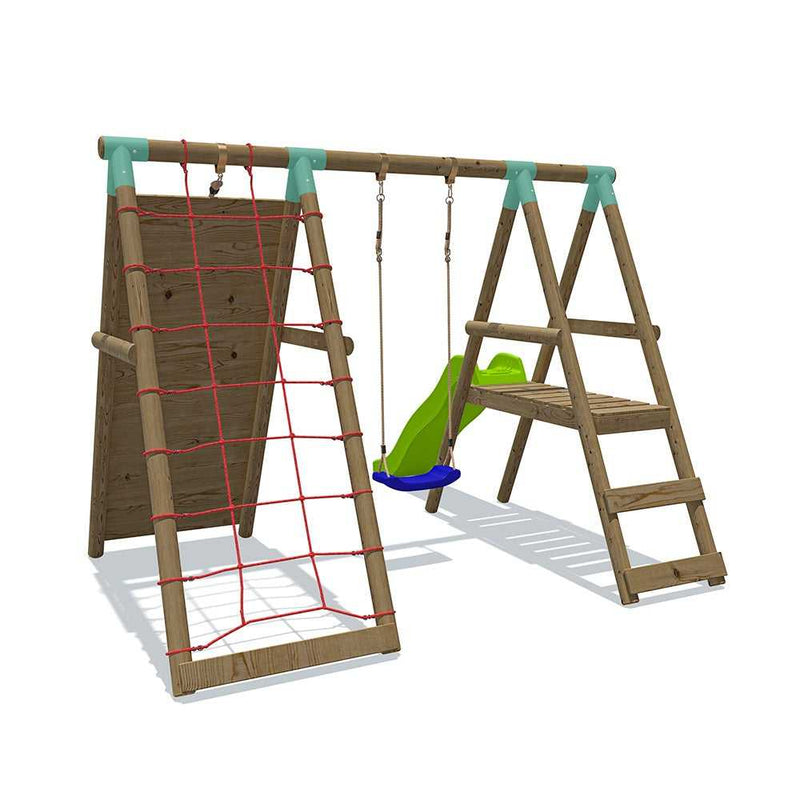 Go Wild Wooden Swing Set With Climbing Wall & 6ft Slide - Titan Toys 