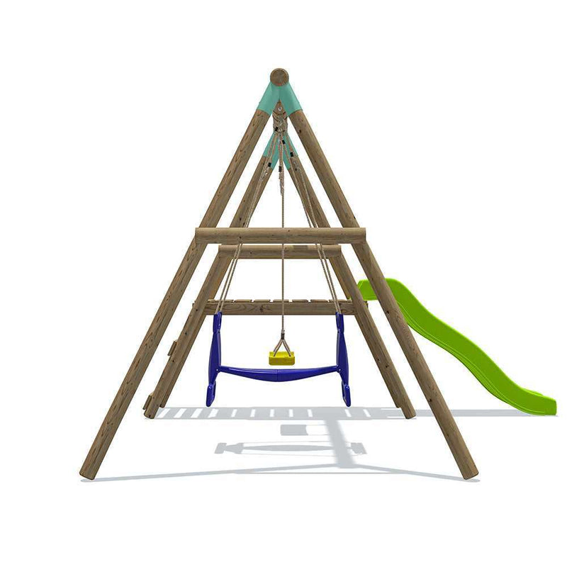 wooden swing set with 6 foot slide , double glider swing seat and a standard childs swing. Wooden swing set has a walk on slated platform 