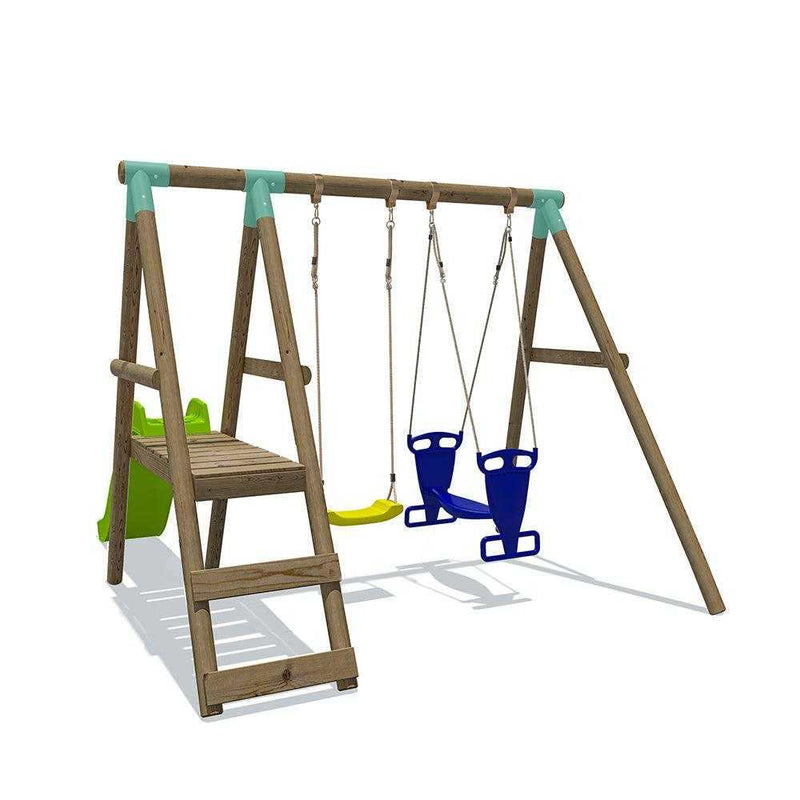 wooden swing set in glasgow with 6 foot slide , double glider swing seat and a standard childs swing. Wooden swing set has a walk on wooden platform 