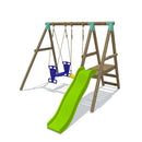 wooden swing set in edinburgh with 6 foot slide , double glider swing seat and a standard childs swing. Wooden swing set has a walk on wooden platform 