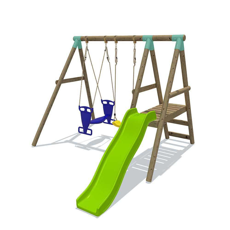 wooden swing set in edinburgh with 6 foot slide , double glider swing seat and a standard childs swing. Wooden swing set has a walk on wooden platform 