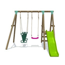 wooden swing set with 6 foot slide , double glider swing seat and a standard childs swing. Wooden swing set in london has a walk on wooden platform 