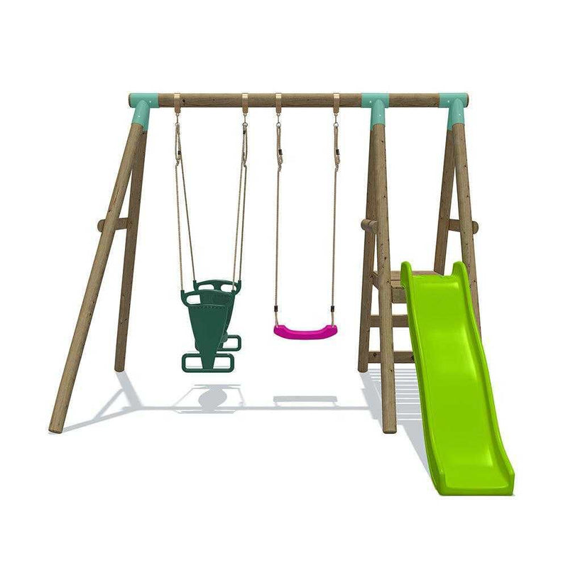 wooden swing set with 6 foot slide , double glider swing seat and a standard childs swing. Wooden swing set in london has a walk on wooden platform 