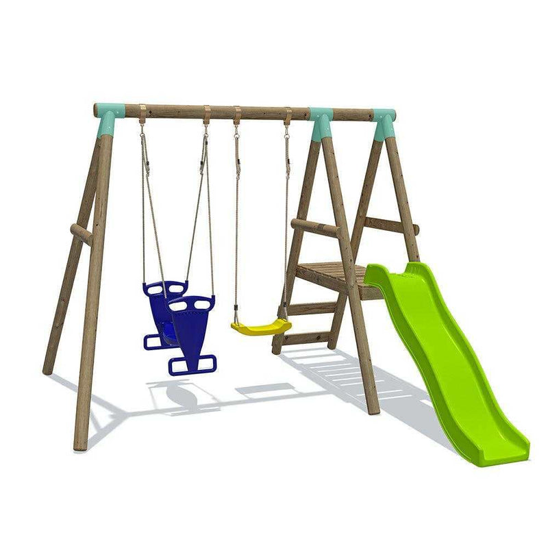 wooden swing set with 6 foot slide , double glider swing seat and a standard childs swing. Wooden swing set has a walk on wooden platform 