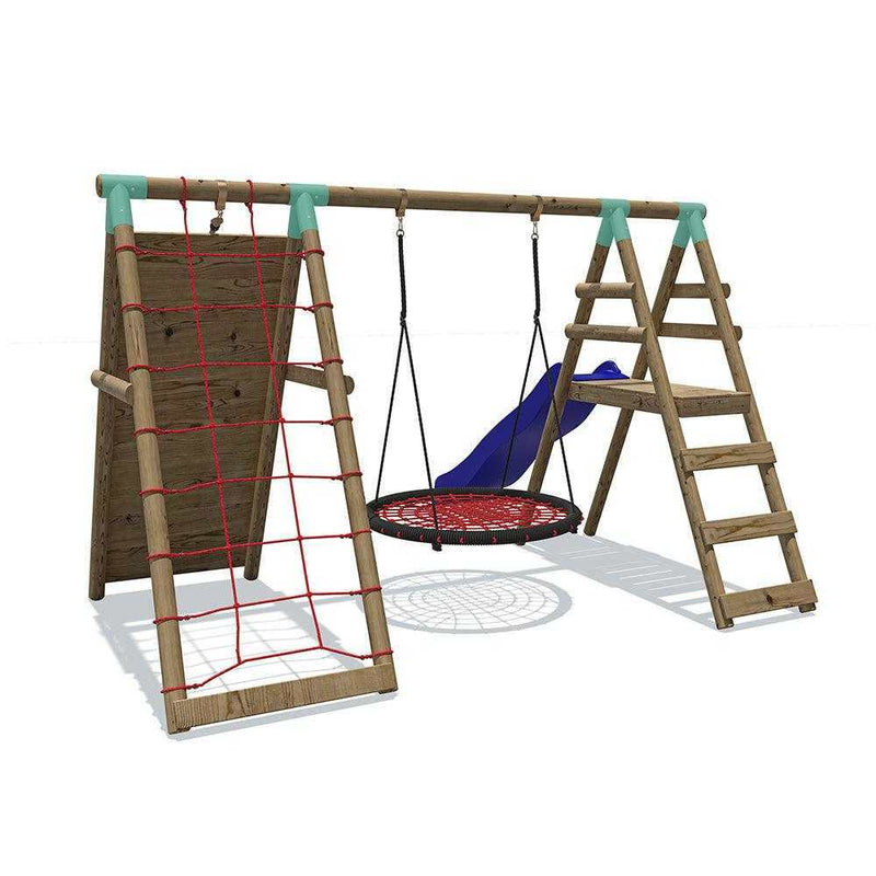 Go Wild Wooden Swing Set With XL Nest, Climbing Wall + 8ft Slide - Titan Toys 