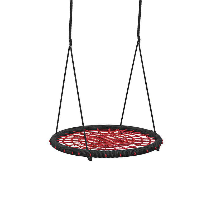 red hanging nest swing that is 120cm wide. its of a solid rope construction and full adjustable. this is suitable for a kids outdoor swing set 